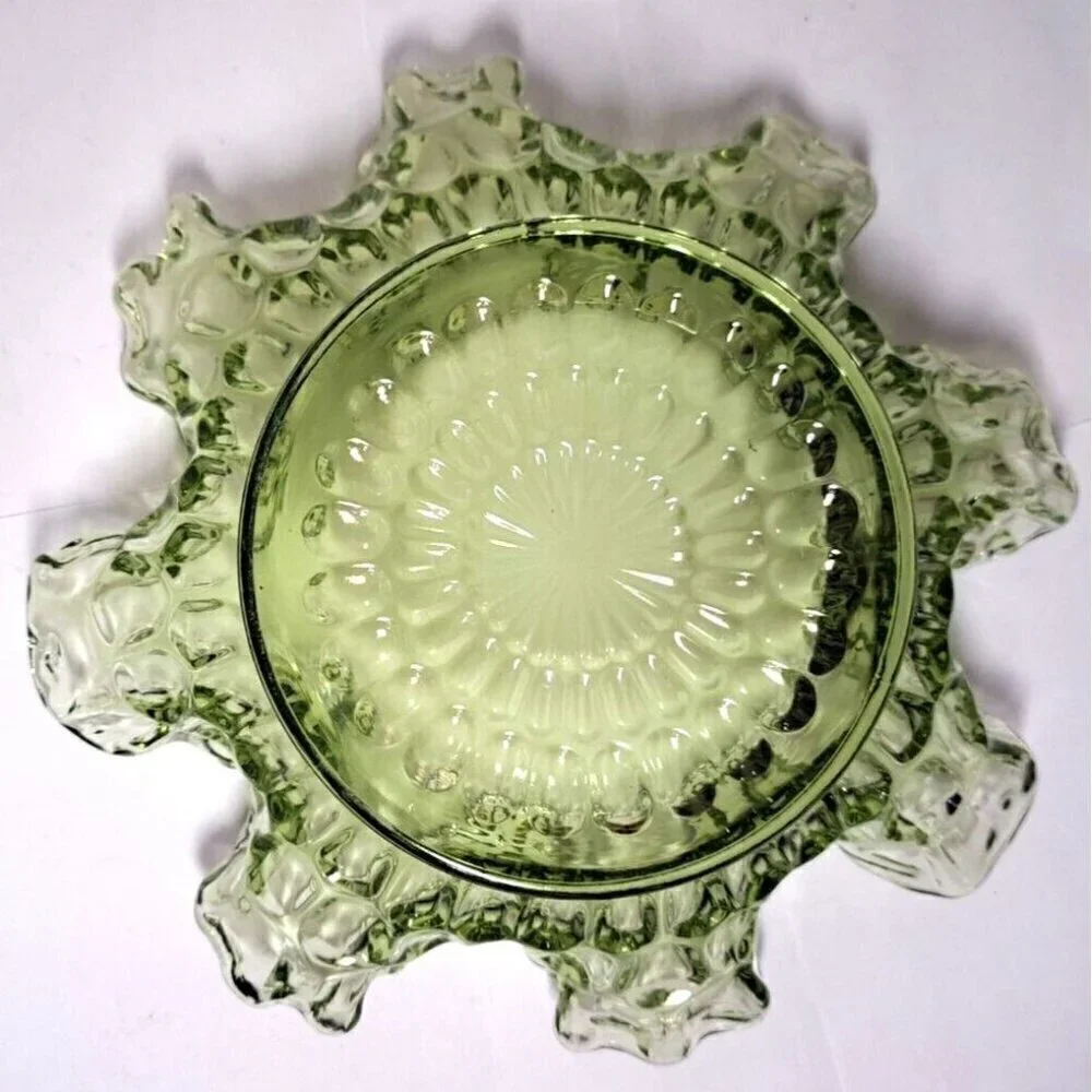 Vintage Fenton Colonial Green Ruffle Edge Thumbprint Pattern Glass Bowl